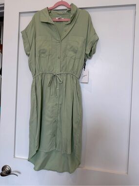 Japna Sage Green Drawstring Shirt Dress with Front Pockets